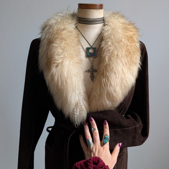 Vintage Brown Suede Penny Lane Jacket Belted Furry Leather Western Coat Medium - Picture 3 of 13